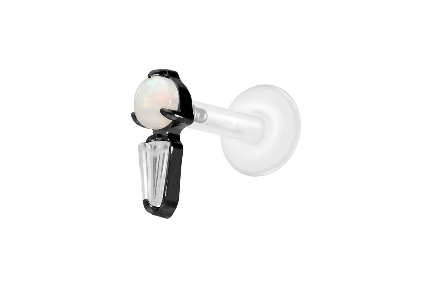 PTFE Labret Piercing mit Innengewinde + Titan-Aufsatz SYNTHETISCHER OPAL + KRISTALLRECHTECK